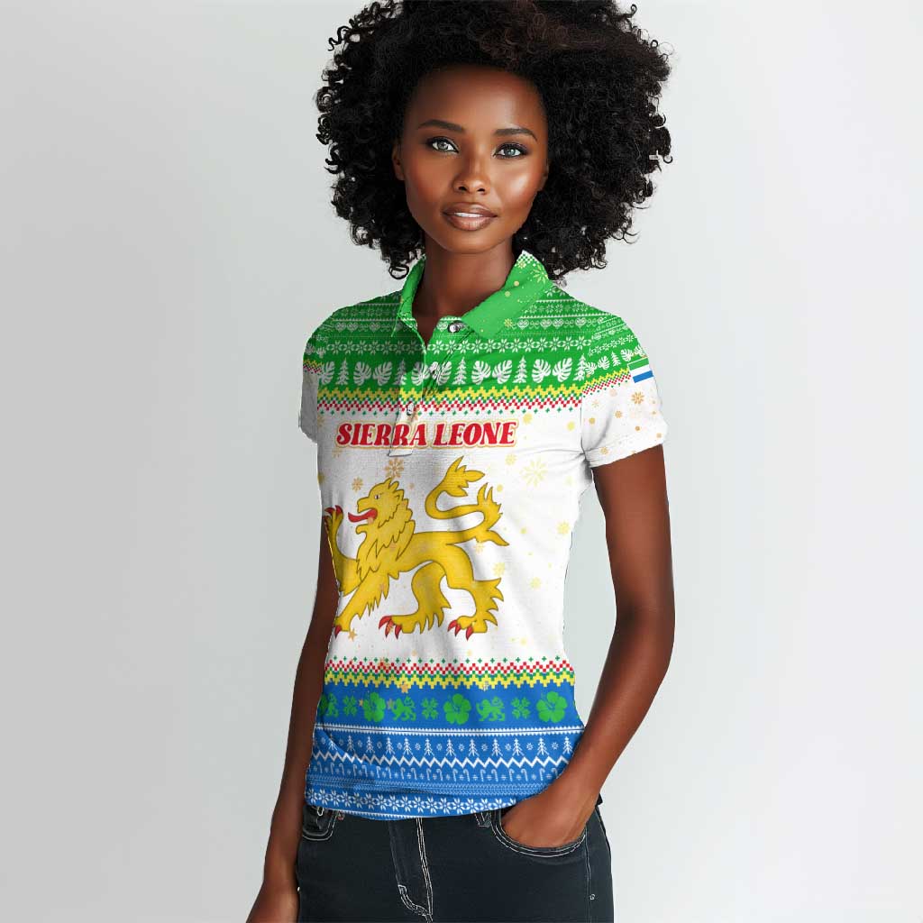 Sierra Leone Christmas Women Polo Shirt Festive Pattern Golden Lion Emblem and Santa Sleigh - African Pride
