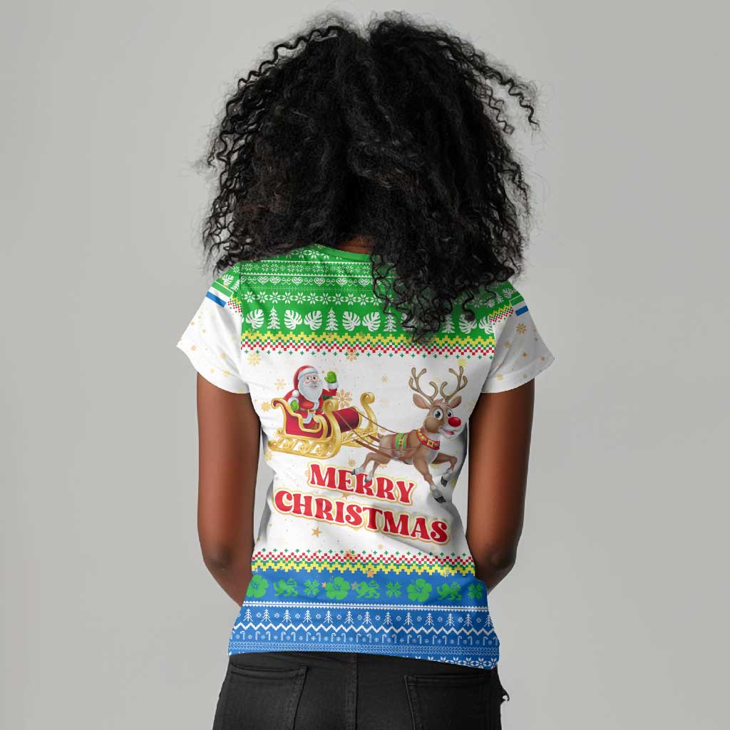 Sierra Leone Christmas Women V-Neck T-Shirt Festive Pattern Golden Lion Emblem and Santa Sleigh - African Pride
