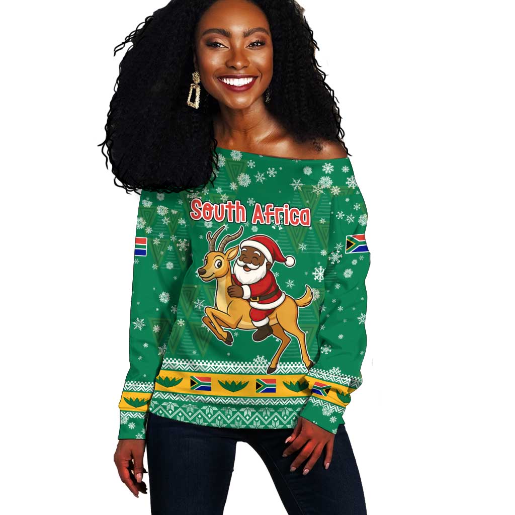 South Africa Christmas Off Shoulder Sweater Santa Reindeer and Africa Map - African Pride