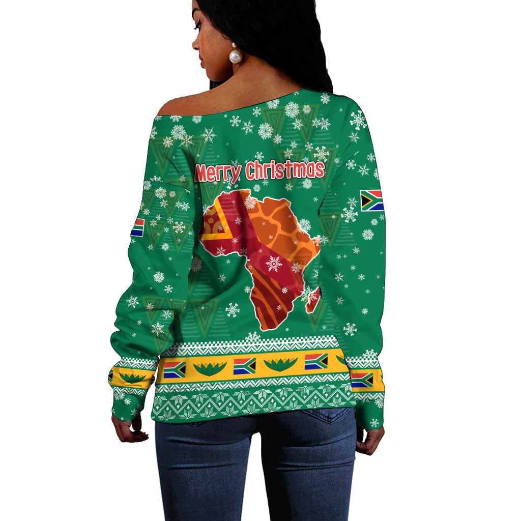 South Africa Christmas Off Shoulder Sweater Santa Reindeer and Africa Map - African Pride
