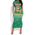 South Africa Christmas Short Sleeve Bodycon Dress Santa Reindeer and Africa Map - African Pride