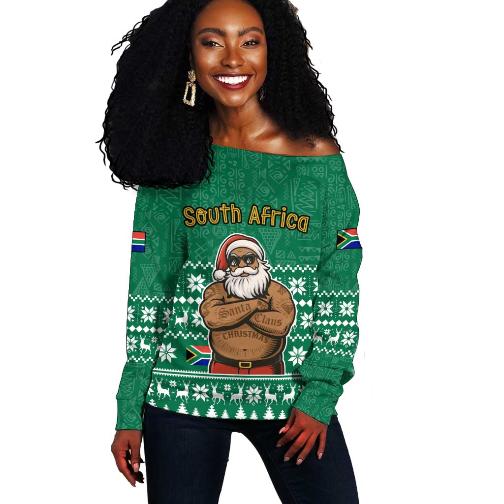 South Africa Christmas Off Shoulder Sweater Christmas Santa Claus Tattoo - African Pride