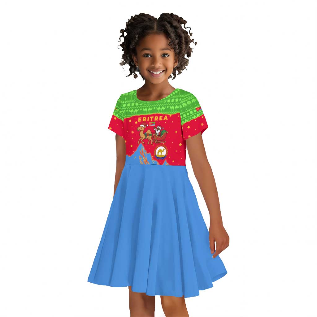 Eritrea Christmas Kid Short Sleeve Dress Santa Claus Camel Sleigh National Emblem - African Pride