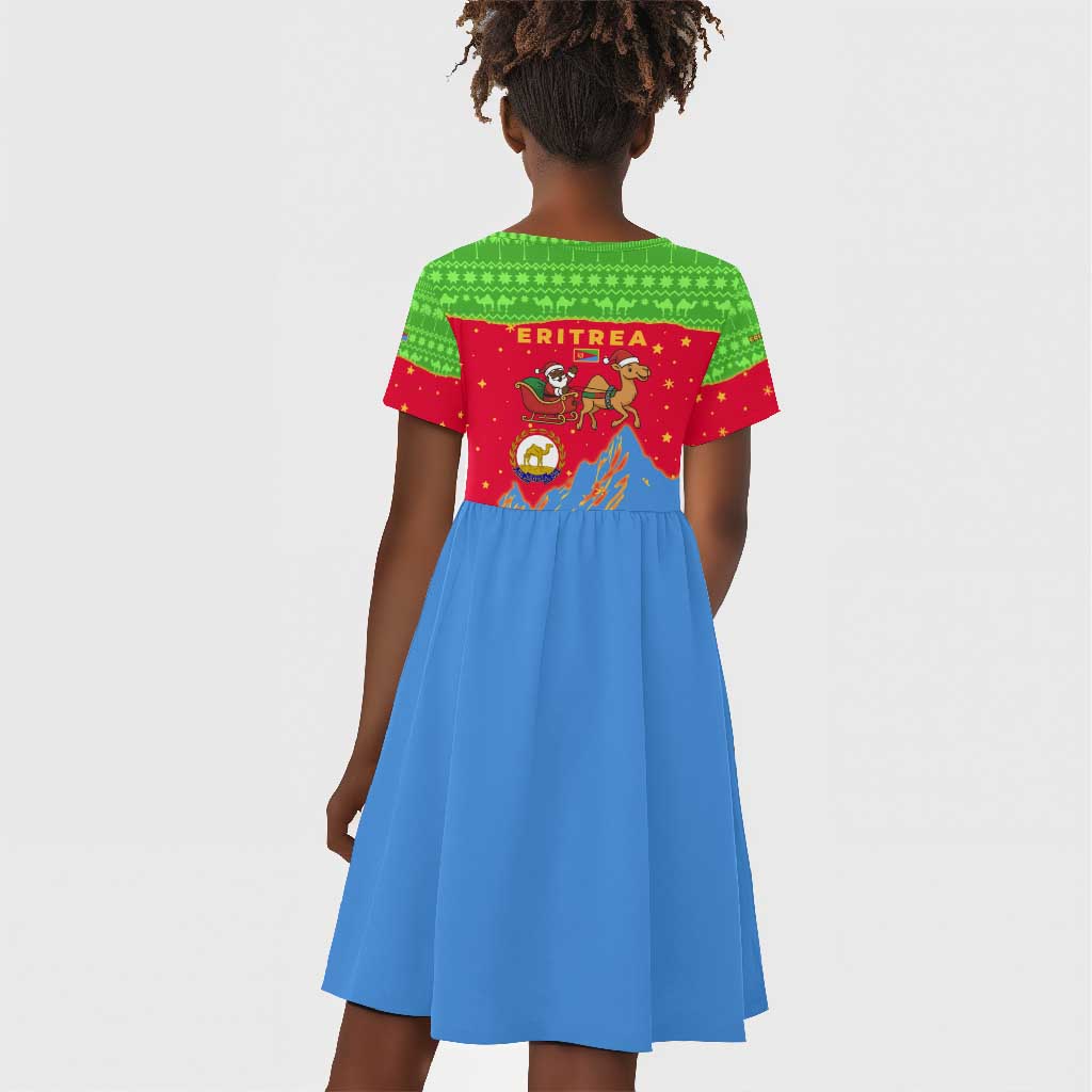 Eritrea Christmas Kid Short Sleeve Dress Santa Claus Camel Sleigh National Emblem - African Pride