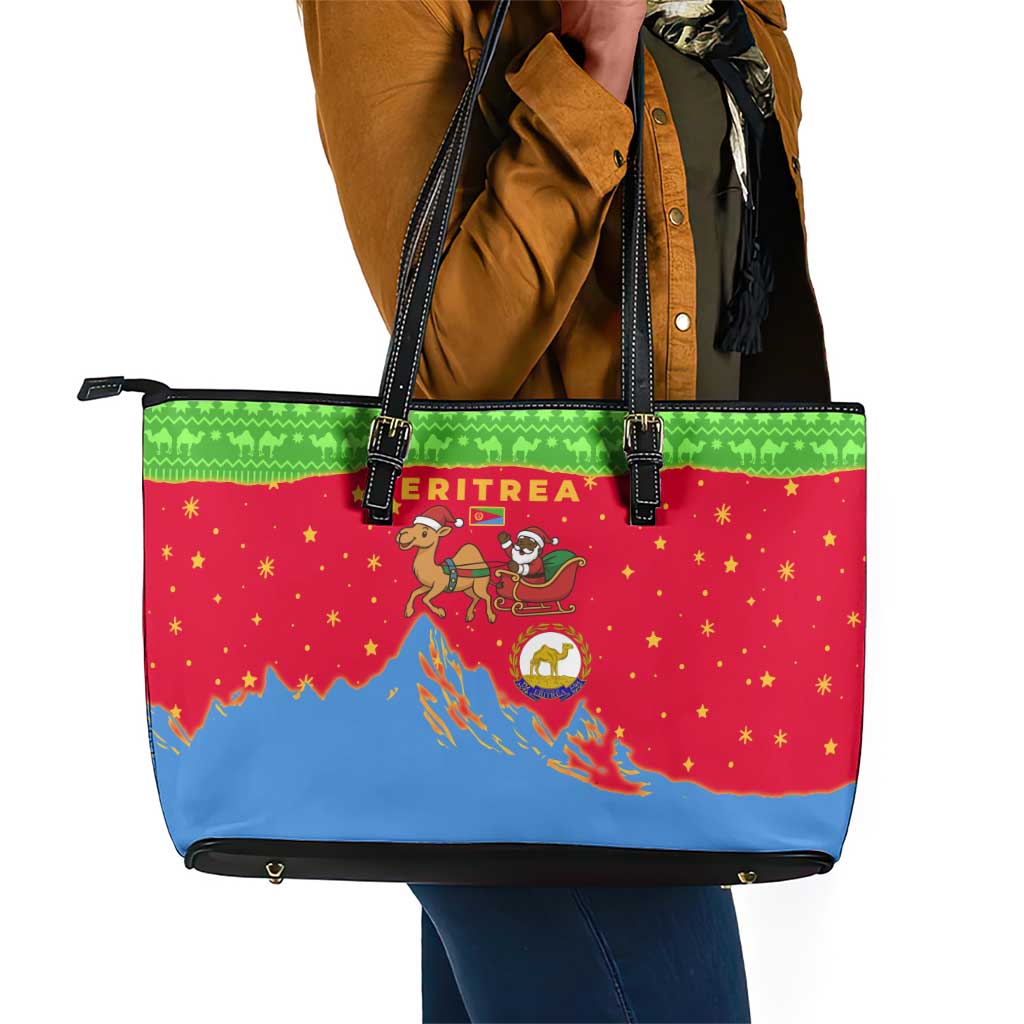 Eritrea Christmas Leather Tote Bag Santa Claus Camel Sleigh National Emblem - African Pride