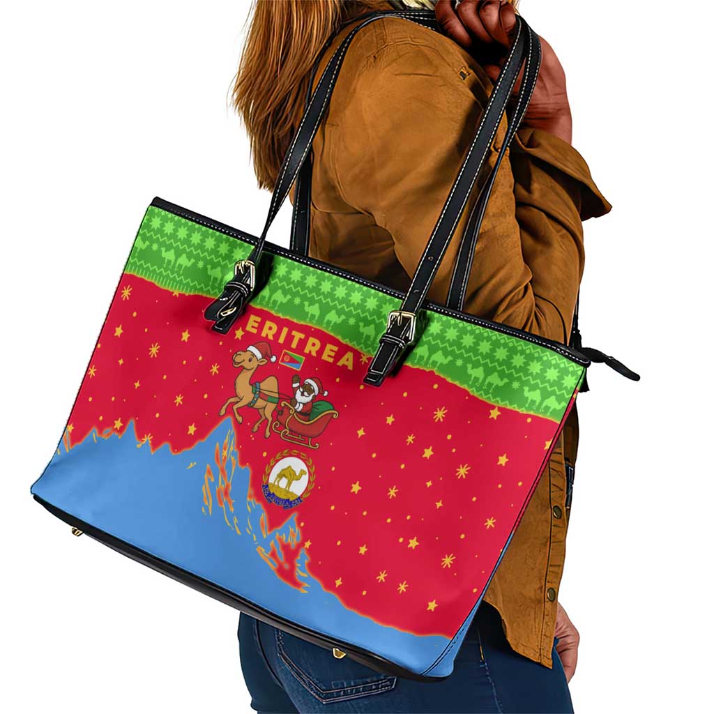 Eritrea Christmas Leather Tote Bag Santa Claus Camel Sleigh National Emblem - African Pride