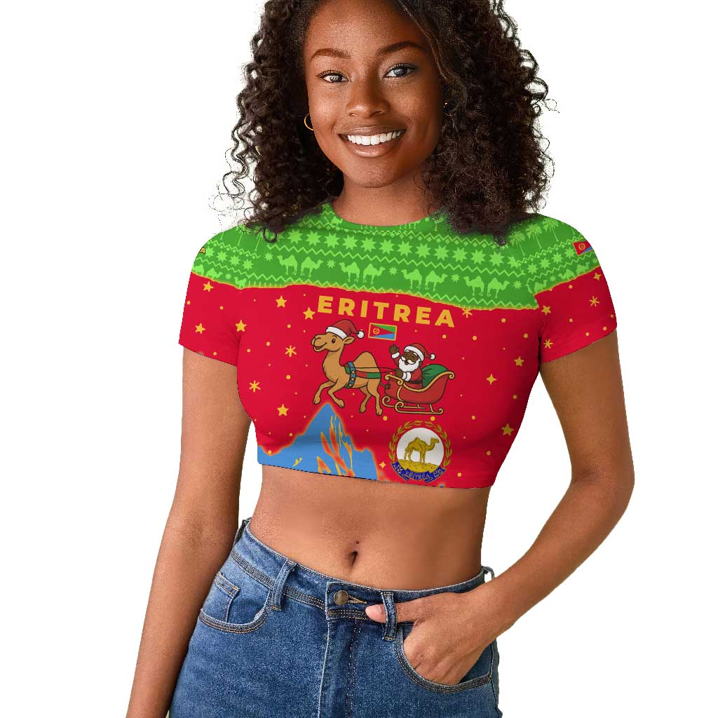 Eritrea Christmas Raglan Cropped T shirt Santa Claus Camel Sleigh National Emblem - African Pride
