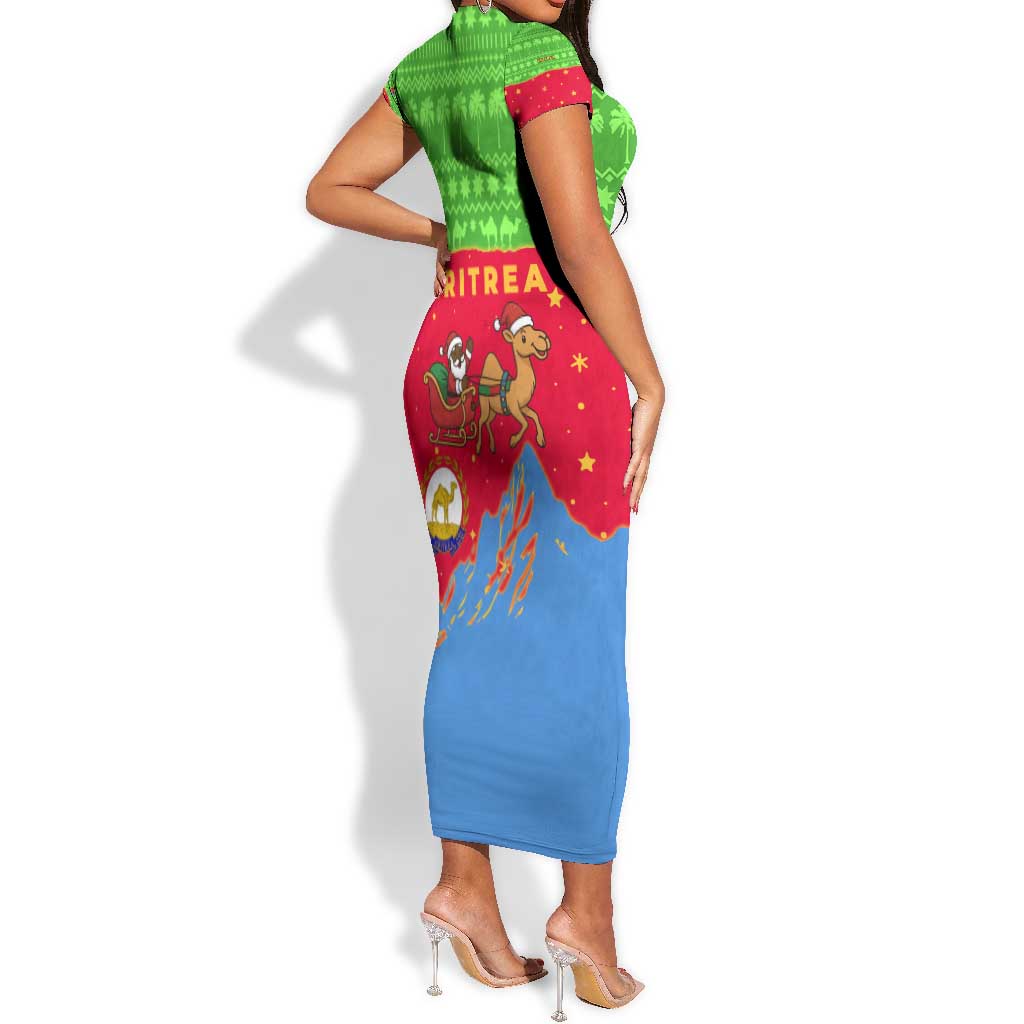 Eritrea Christmas Short Sleeve Bodycon Dress Santa Claus Camel Sleigh National Emblem - African Pride
