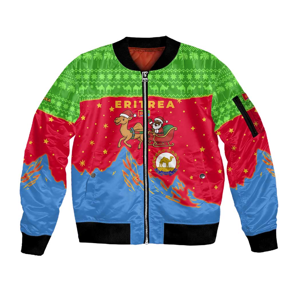 Eritrea Christmas Sleeve Zip Bomber Jacket Santa Claus Camel Sleigh National Emblem - African Pride