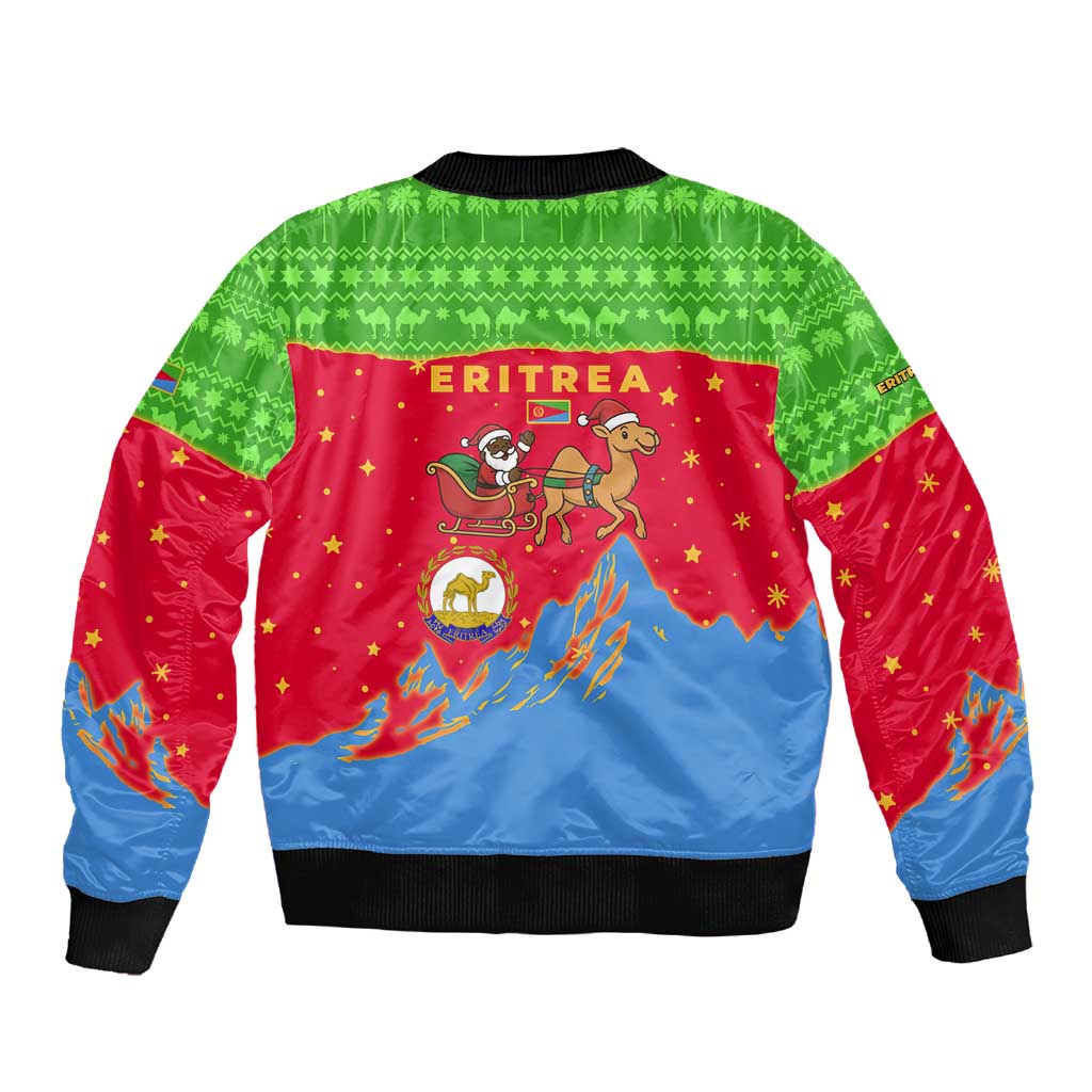 Eritrea Christmas Sleeve Zip Bomber Jacket Santa Claus Camel Sleigh National Emblem - African Pride