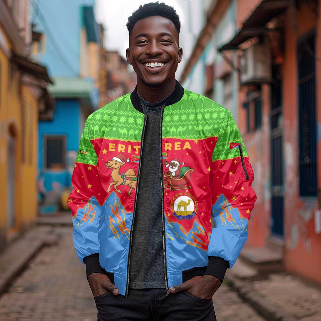 Eritrea Christmas Sleeve Zip Bomber Jacket Santa Claus Camel Sleigh National Emblem - African Pride