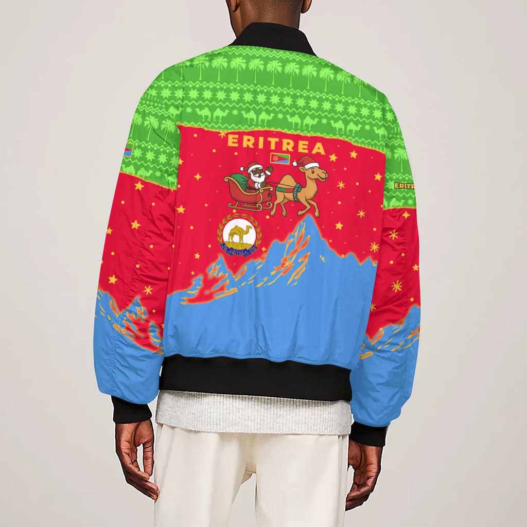 Eritrea Christmas Sleeve Zip Bomber Jacket Santa Claus Camel Sleigh National Emblem - African Pride