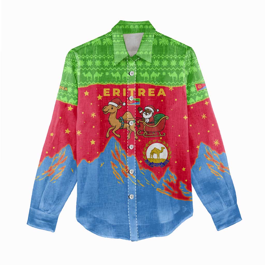 Eritrea Christmas Women Casual Shirt Santa Claus Camel Sleigh National Emblem - African Pride