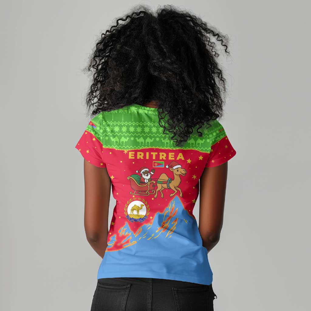 Eritrea Christmas Women V-Neck T-Shirt Santa Claus Camel Sleigh National Emblem - African Pride