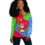 Eritrea Christmas Off Shoulder Sweater African Santa Gingerbread Harp National Flag Colors - African Pride
