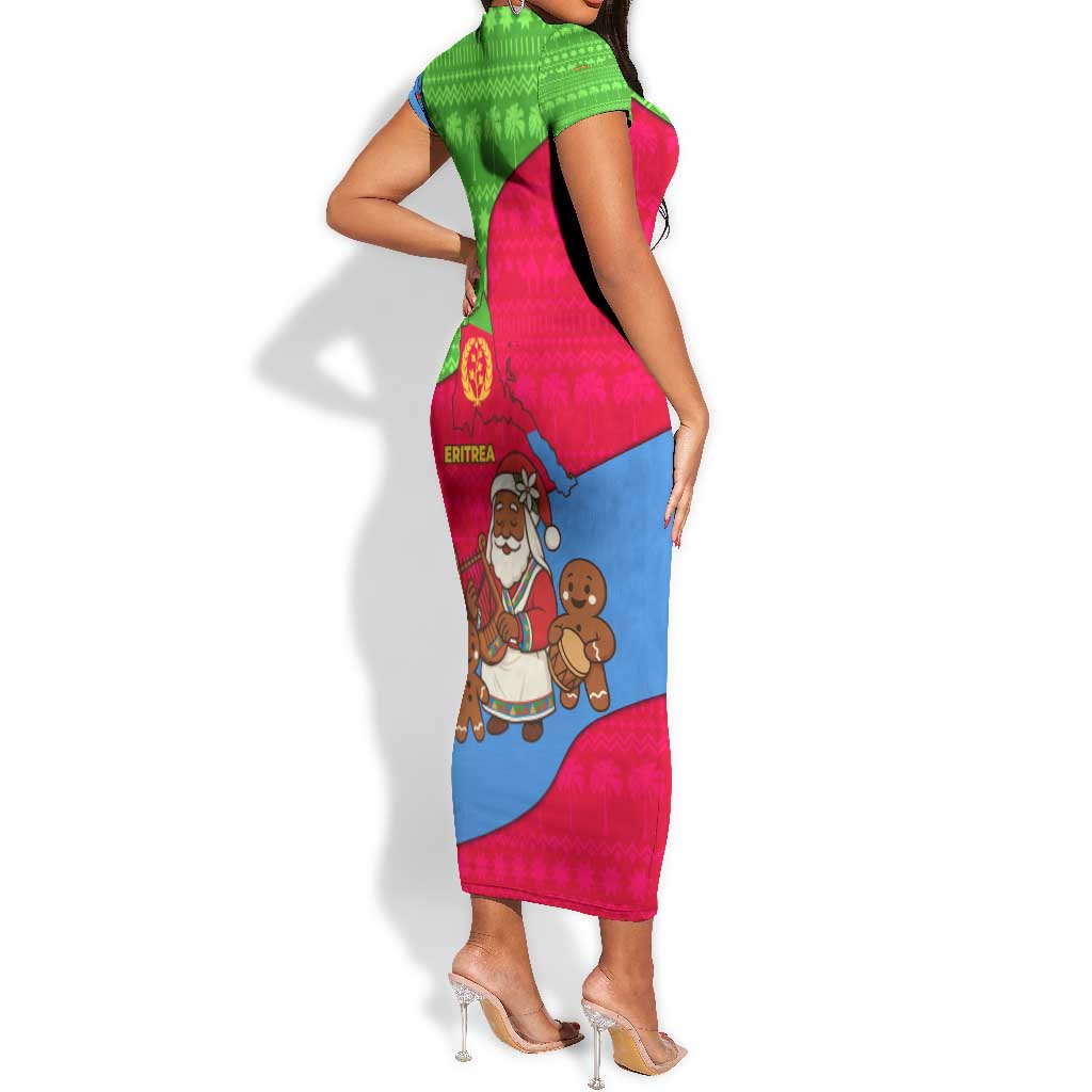 Eritrea Christmas Short Sleeve Bodycon Dress African Santa Gingerbread Harp National Flag Colors - African Pride