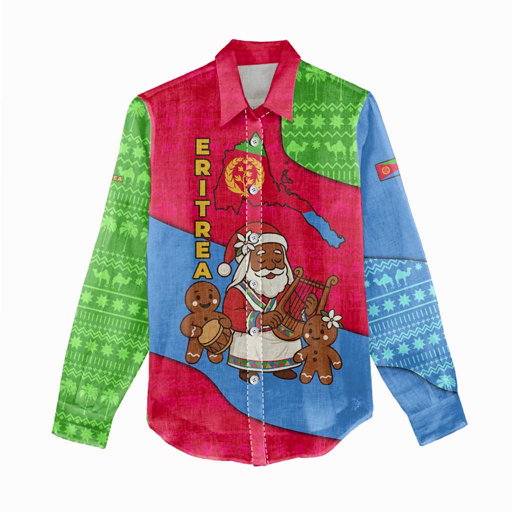 Eritrea Christmas Women Casual Shirt African Santa Gingerbread Harp National Flag Colors - African Pride