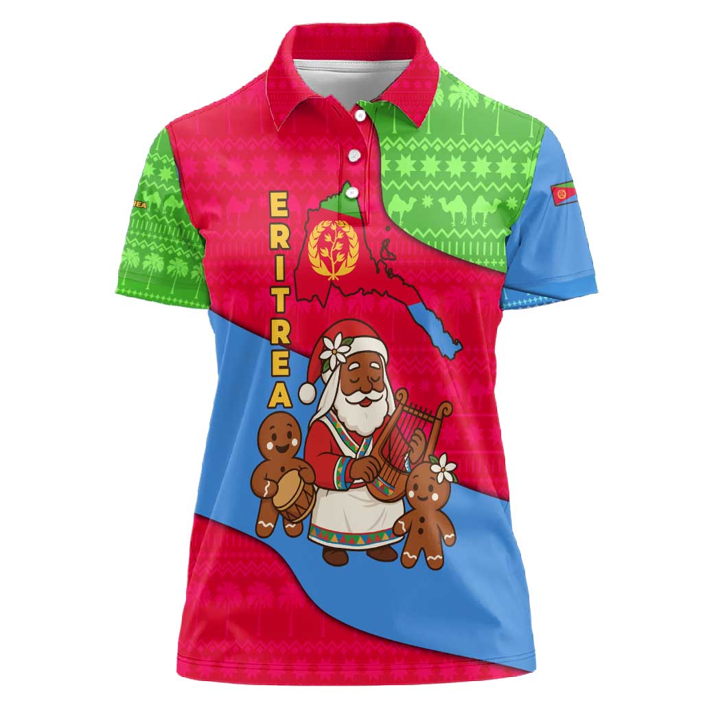 Eritrea Christmas Women Polo Shirt African Santa Gingerbread Harp National Flag Colors - African Pride