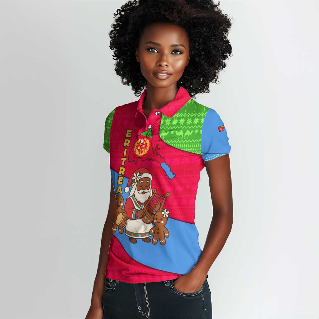 Eritrea Christmas Women Polo Shirt African Santa Gingerbread Harp National Flag Colors - African Pride
