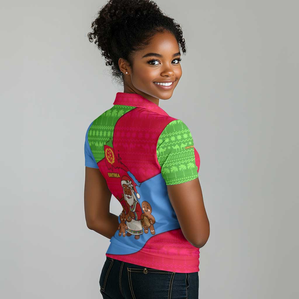 Eritrea Christmas Women Polo Shirt African Santa Gingerbread Harp National Flag Colors - African Pride