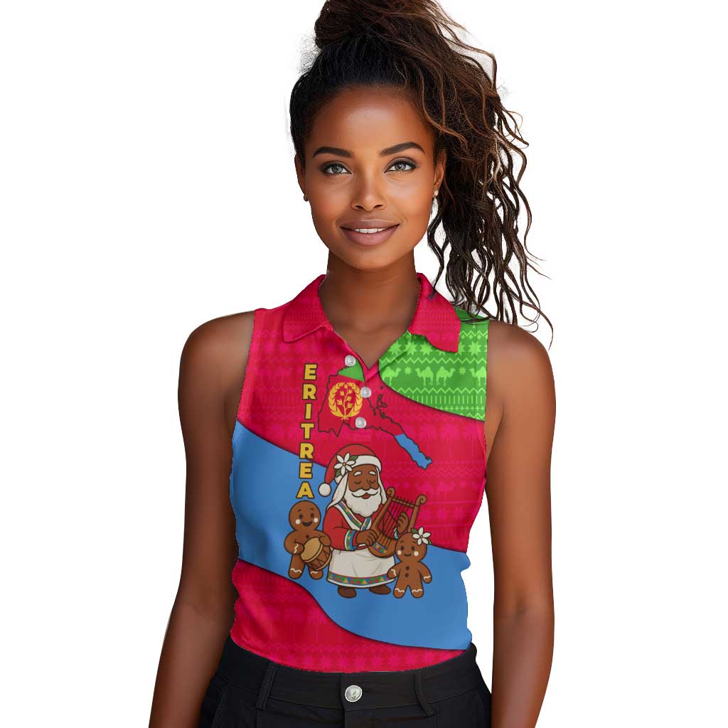 Eritrea Christmas Women Sleeveless Polo Shirt African Santa Gingerbread Harp National Flag Colors - African Pride
