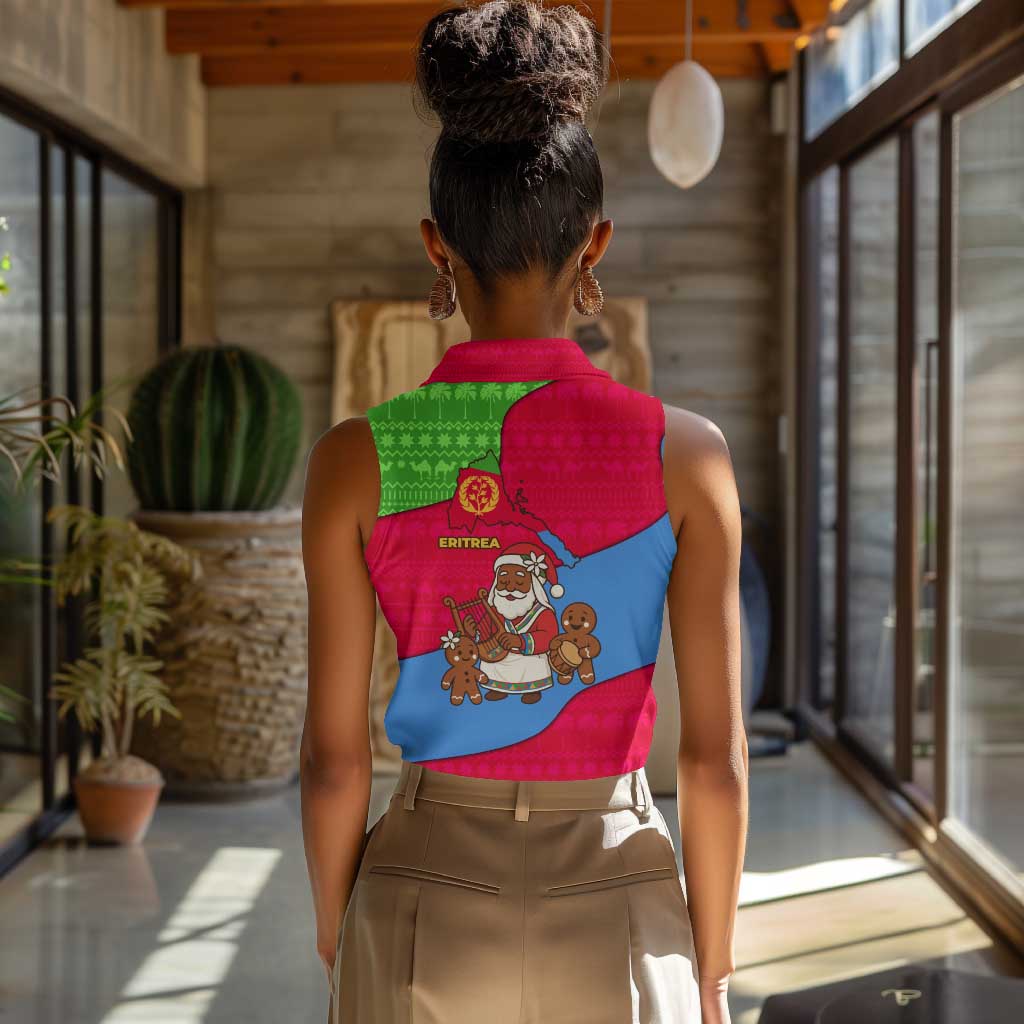 Eritrea Christmas Women Sleeveless Polo Shirt African Santa Gingerbread Harp National Flag Colors - African Pride