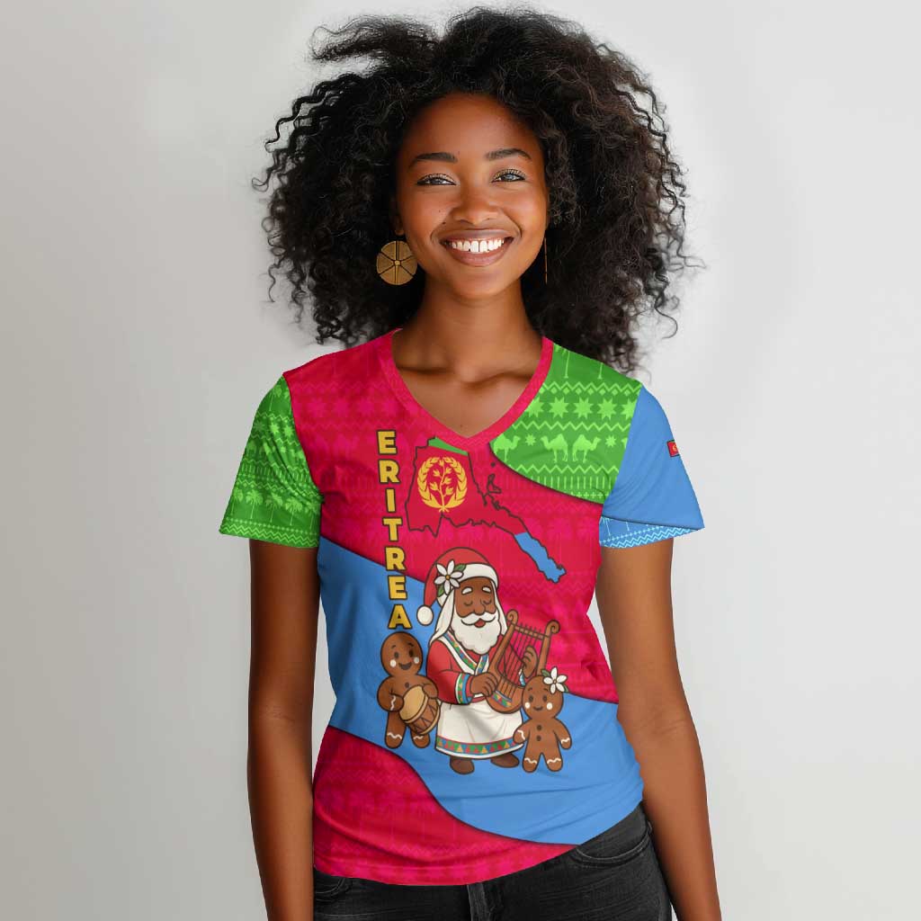 Eritrea Christmas Women V-Neck T-Shirt African Santa Gingerbread Harp National Flag Colors - African Pride
