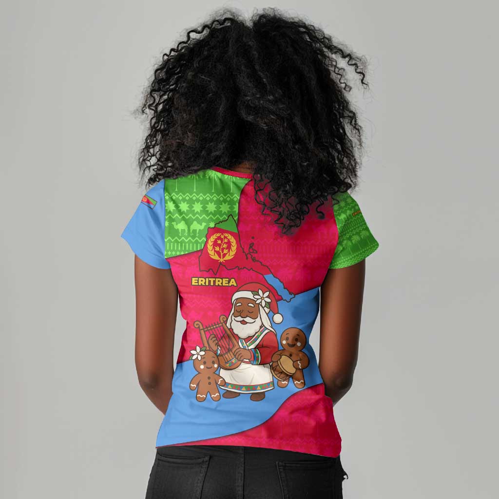 Eritrea Christmas Women V-Neck T-Shirt African Santa Gingerbread Harp National Flag Colors - African Pride