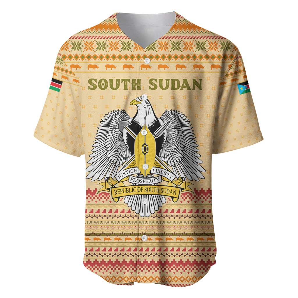South Sudan Christmas Baseball Jersey Beige Tribal Pattern, National Emblem, and Green Star Motif - African Pride