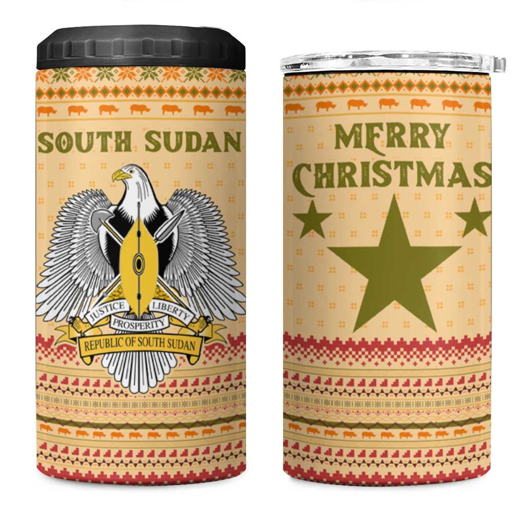South Sudan Christmas 4 in 1 Can Cooler Tumbler Beige Tribal Pattern, National Emblem, and Green Star Motif - African Pride