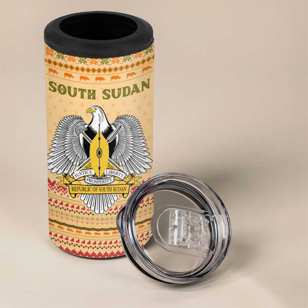 South Sudan Christmas 4 in 1 Can Cooler Tumbler Beige Tribal Pattern, National Emblem, and Green Star Motif - African Pride