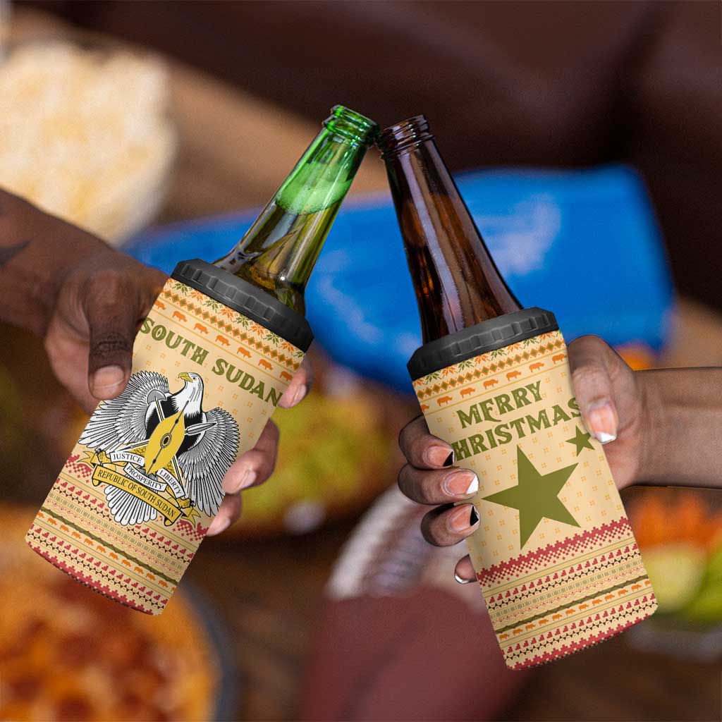 South Sudan Christmas 4 in 1 Can Cooler Tumbler Beige Tribal Pattern, National Emblem, and Green Star Motif - African Pride
