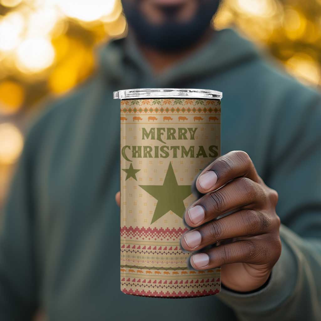 South Sudan Christmas 4 in 1 Can Cooler Tumbler Beige Tribal Pattern, National Emblem, and Green Star Motif - African Pride