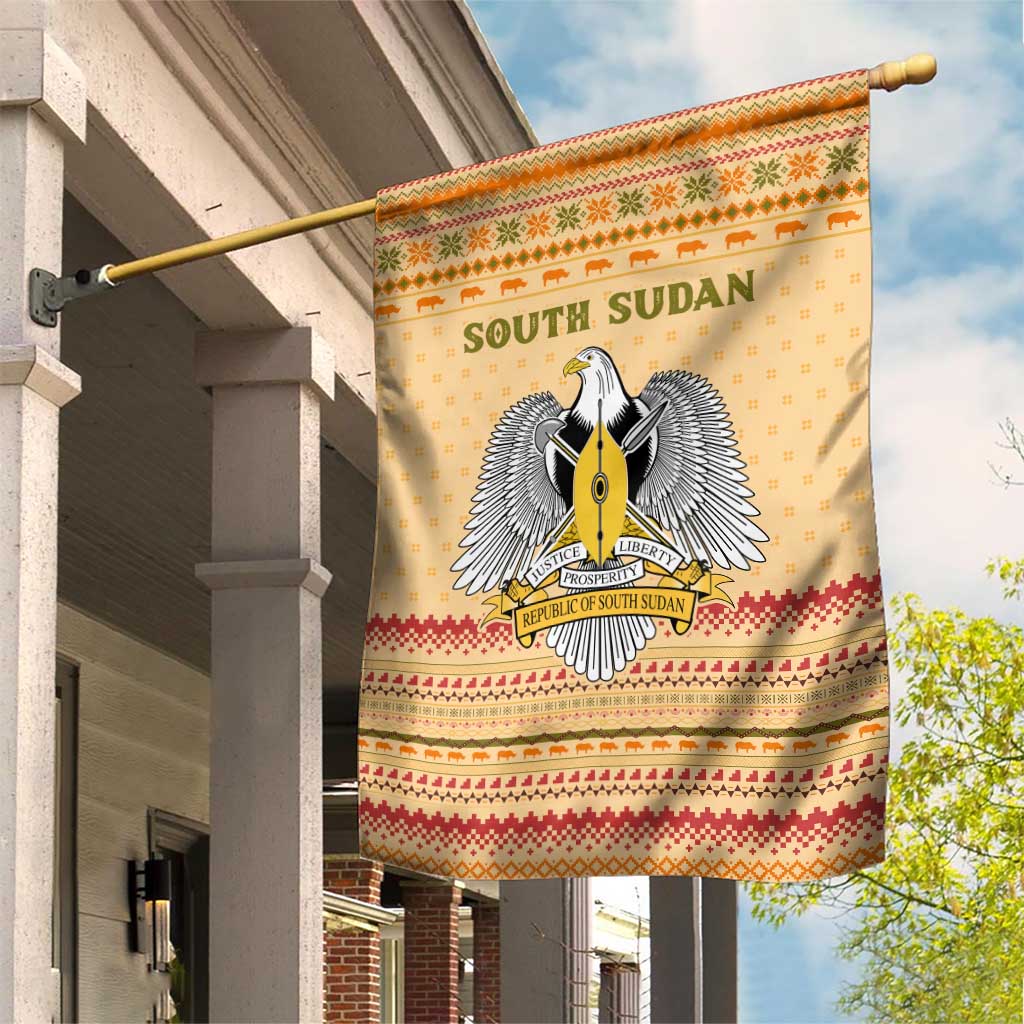 South Sudan Christmas Garden Flag Beige Tribal Pattern, National Emblem, and Green Star Motif - African Pride