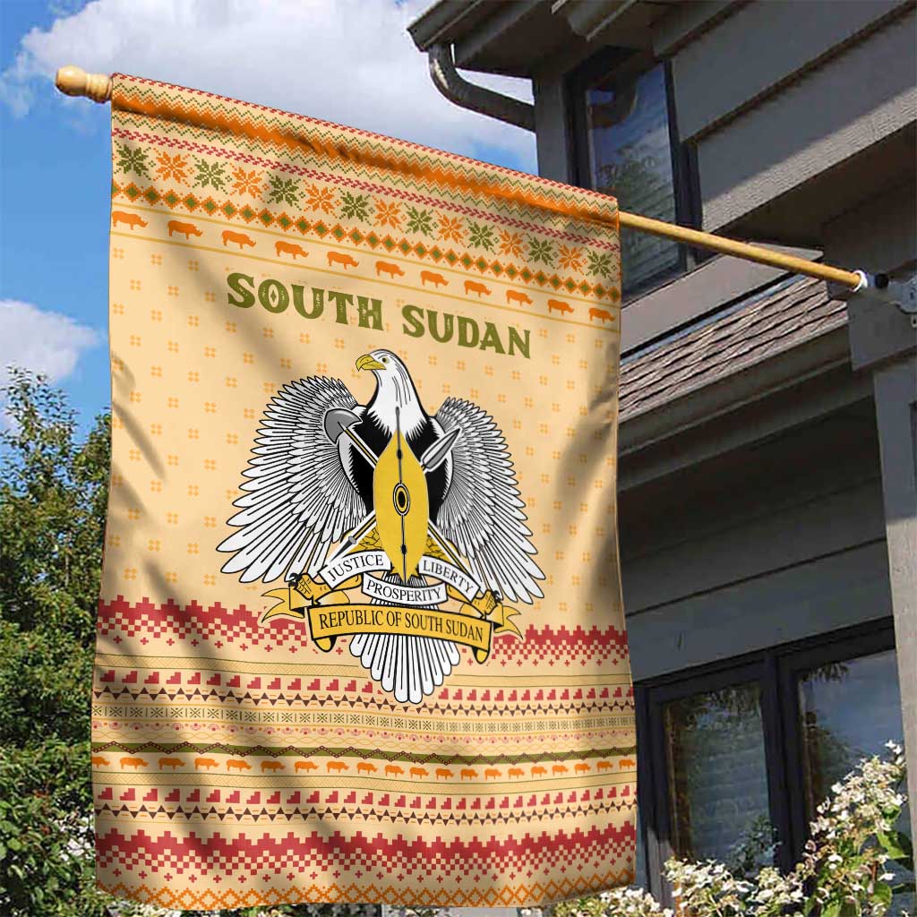 South Sudan Christmas Garden Flag Beige Tribal Pattern, National Emblem, and Green Star Motif - African Pride