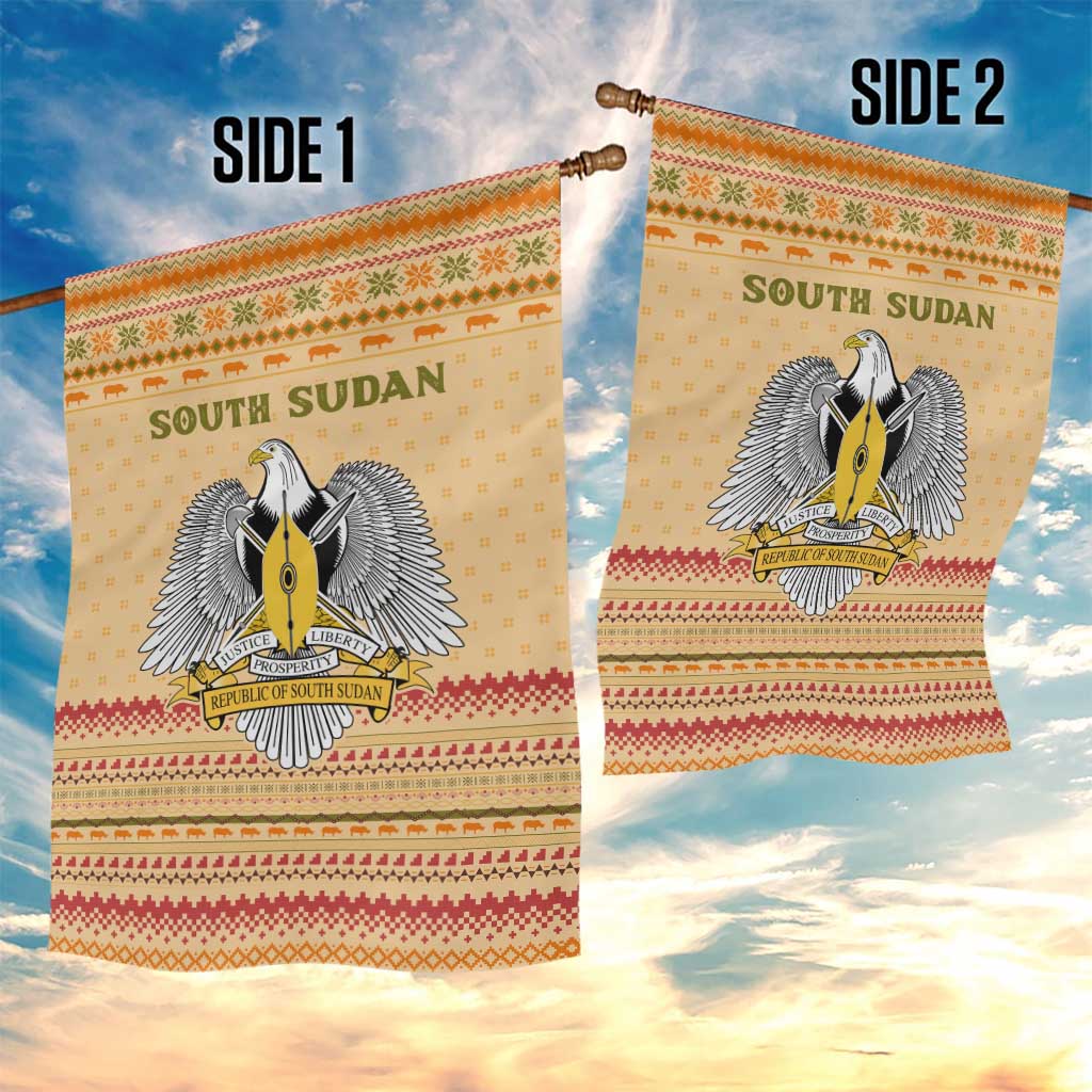 South Sudan Christmas Garden Flag Beige Tribal Pattern, National Emblem, and Green Star Motif - African Pride