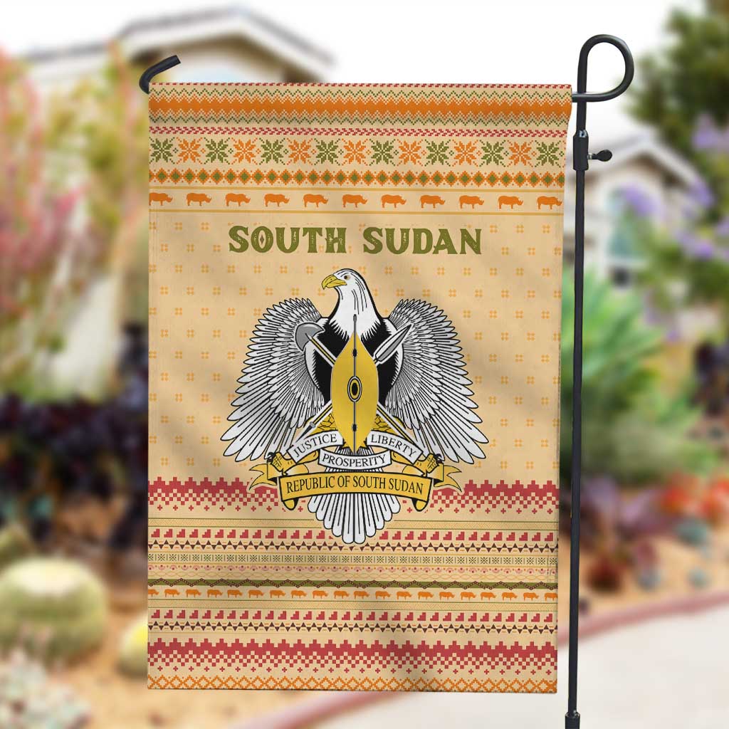 South Sudan Christmas Garden Flag Beige Tribal Pattern, National Emblem, and Green Star Motif - African Pride