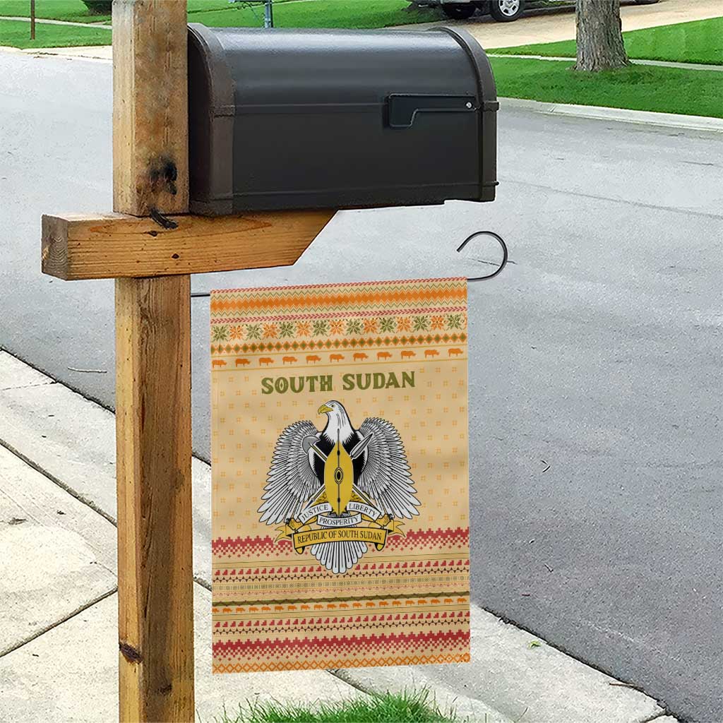 South Sudan Christmas Garden Flag Beige Tribal Pattern, National Emblem, and Green Star Motif - African Pride