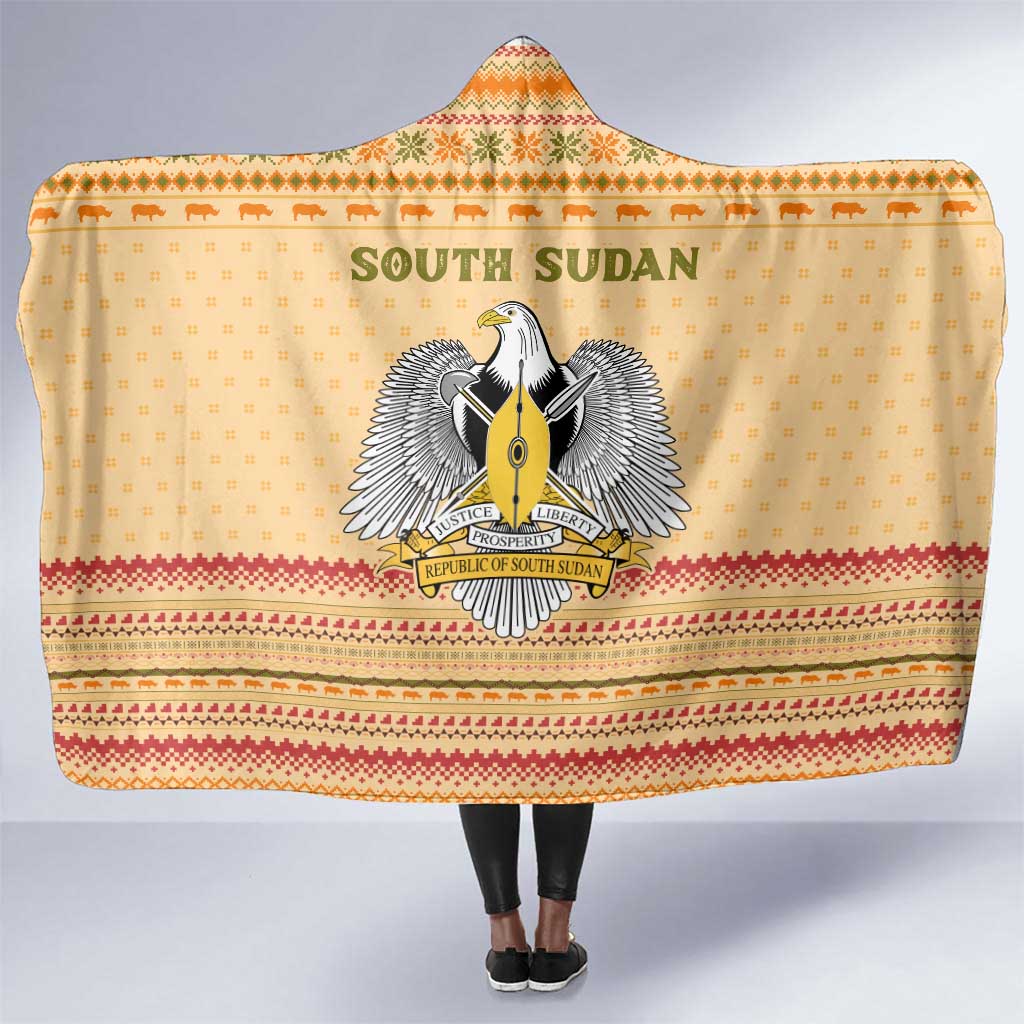 South Sudan Christmas Hooded Blanket Beige Tribal Pattern, National Emblem, and Green Star Motif - African Pride