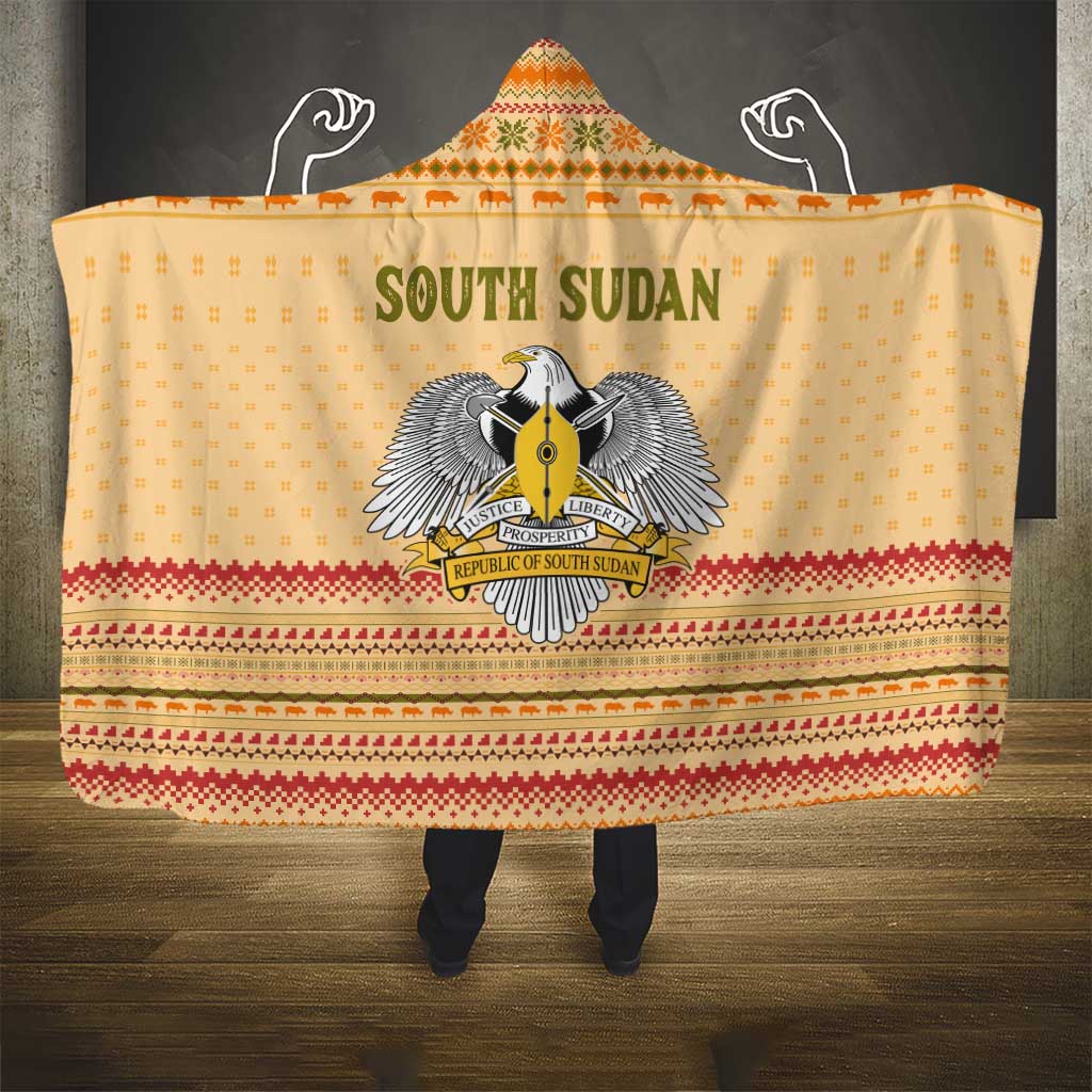 South Sudan Christmas Hooded Blanket Beige Tribal Pattern, National Emblem, and Green Star Motif - African Pride
