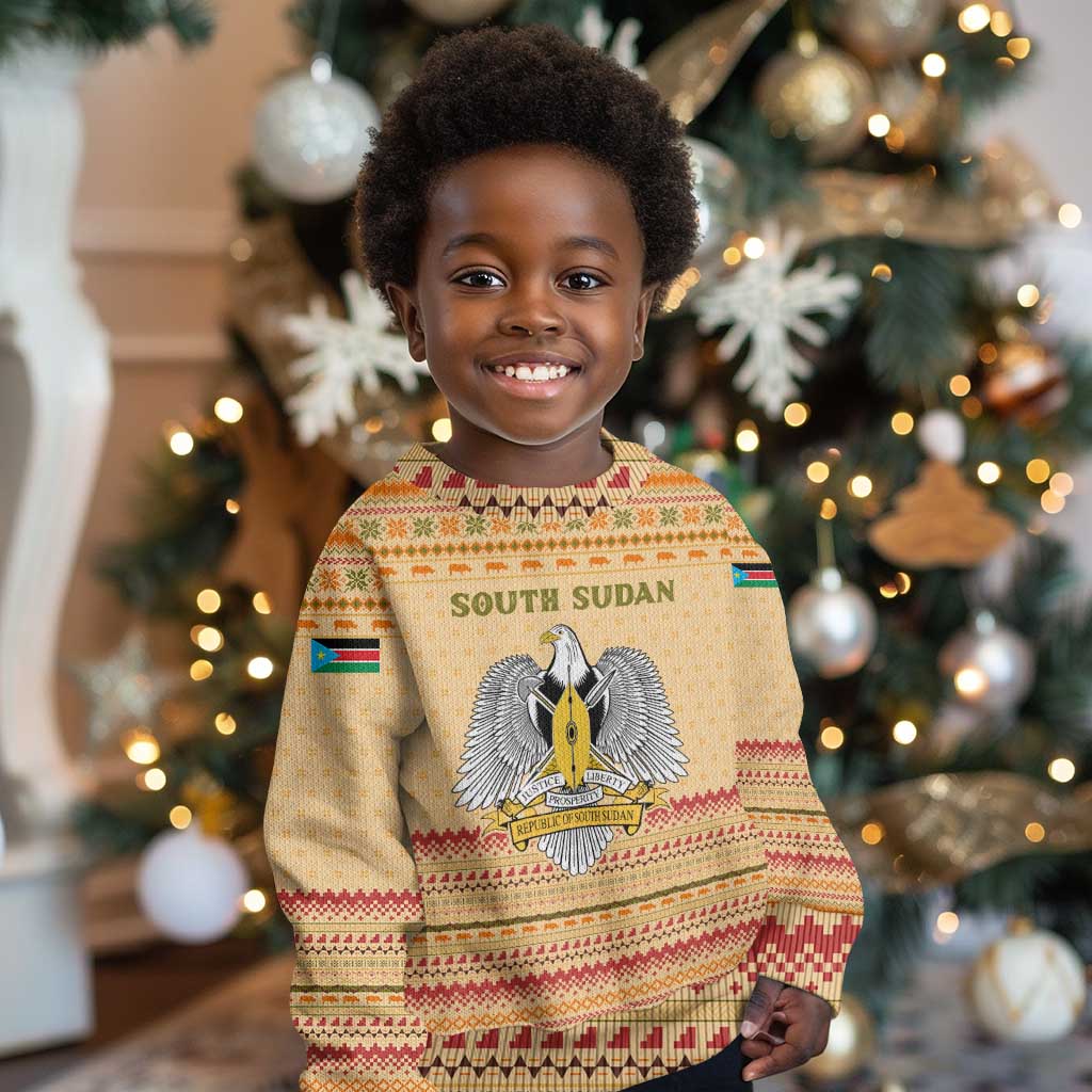 South Sudan Christmas Kid Ugly Christmas Sweater Beige Tribal Pattern, National Emblem, and Green Star Motif - African Pride