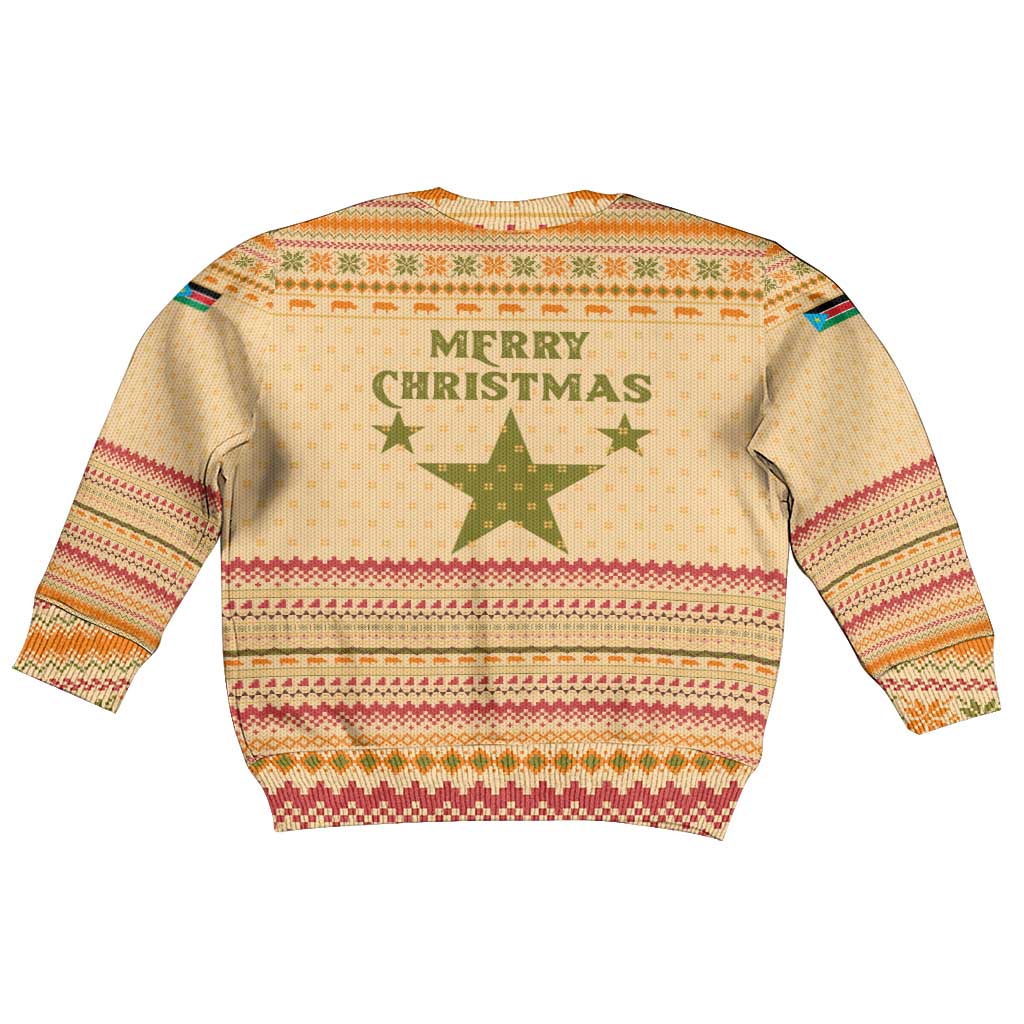 South Sudan Christmas Kid Ugly Christmas Sweater Beige Tribal Pattern, National Emblem, and Green Star Motif - African Pride