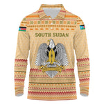 South Sudan Christmas Long Sleeve Polo Shirt Beige Tribal Pattern, National Emblem, and Green Star Motif - African Pride