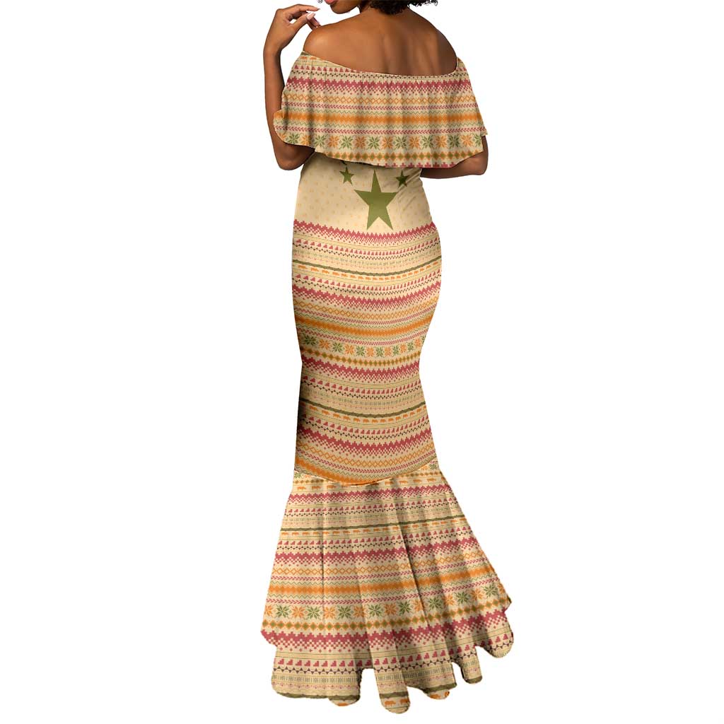 South Sudan Christmas Mermaid Dress Beige Tribal Pattern, National Emblem, and Green Star Motif - African Pride