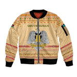 South Sudan Christmas Sleeve Zip Bomber Jacket Beige Tribal Pattern, National Emblem, and Green Star Motif - African Pride