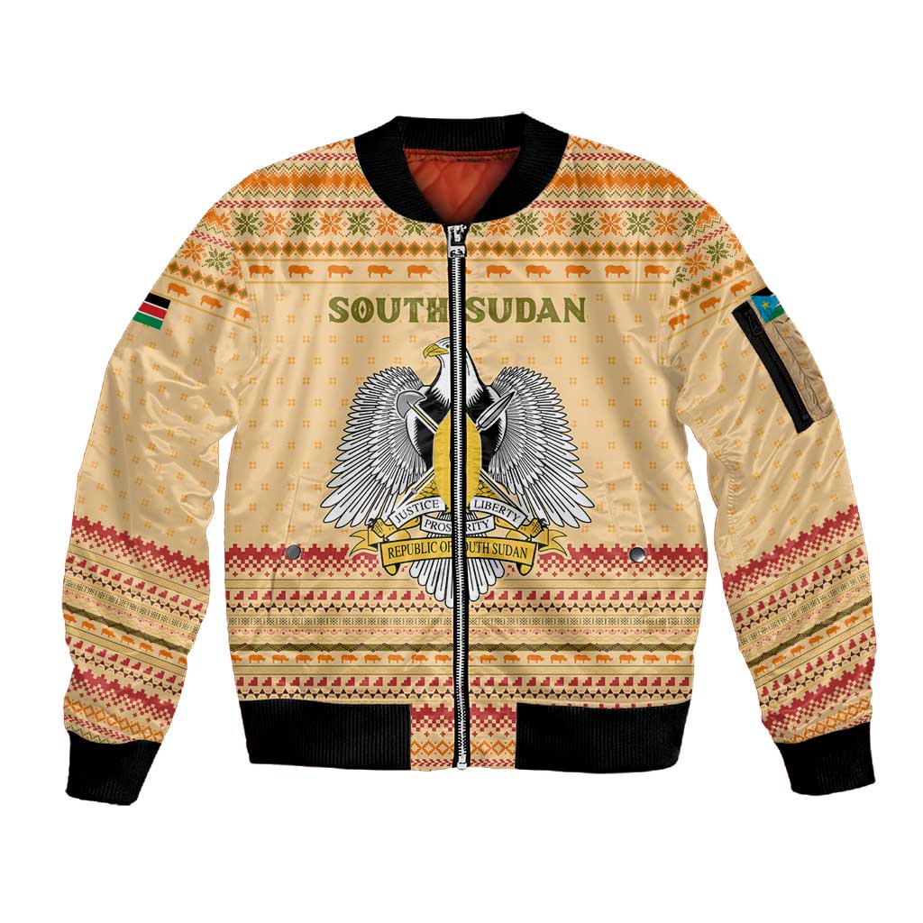 South Sudan Christmas Sleeve Zip Bomber Jacket Beige Tribal Pattern, National Emblem, and Green Star Motif - African Pride