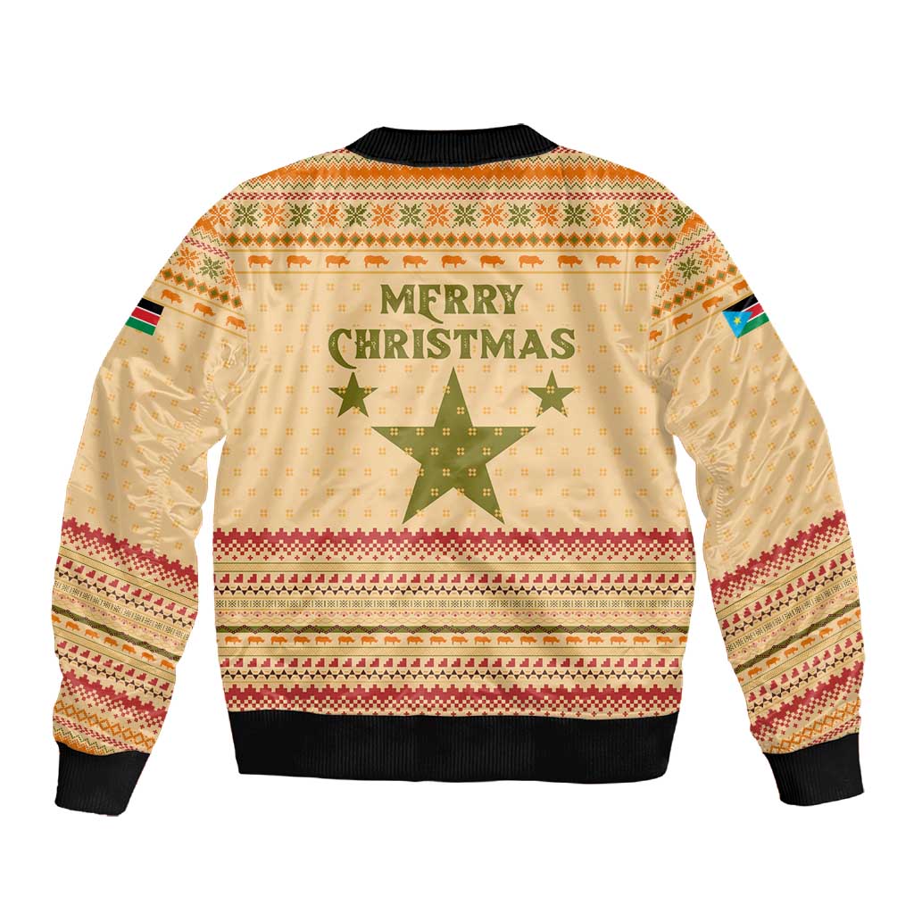 South Sudan Christmas Sleeve Zip Bomber Jacket Beige Tribal Pattern, National Emblem, and Green Star Motif - African Pride
