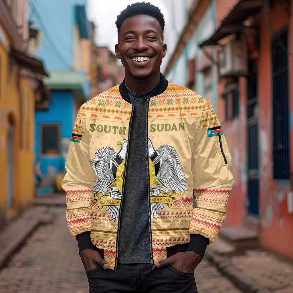 South Sudan Christmas Sleeve Zip Bomber Jacket Beige Tribal Pattern, National Emblem, and Green Star Motif - African Pride