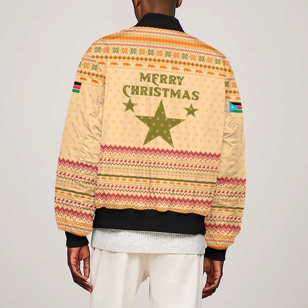 South Sudan Christmas Sleeve Zip Bomber Jacket Beige Tribal Pattern, National Emblem, and Green Star Motif - African Pride