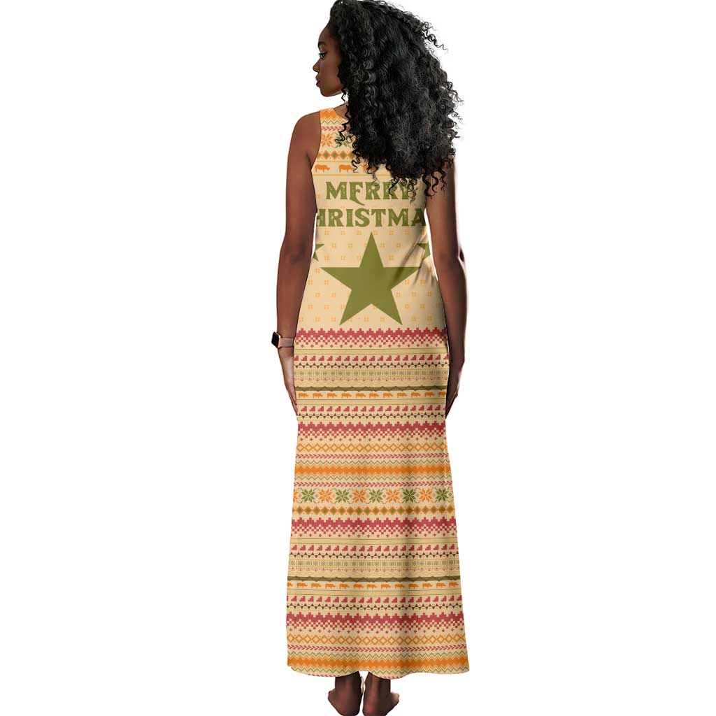 South Sudan Christmas Tank Maxi Dress Beige Tribal Pattern, National Emblem, and Green Star Motif - African Pride